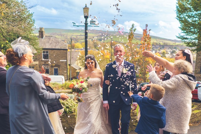 A wedding confetti shot in New Mills by Northwest Wedding Photographer Adam Edwards